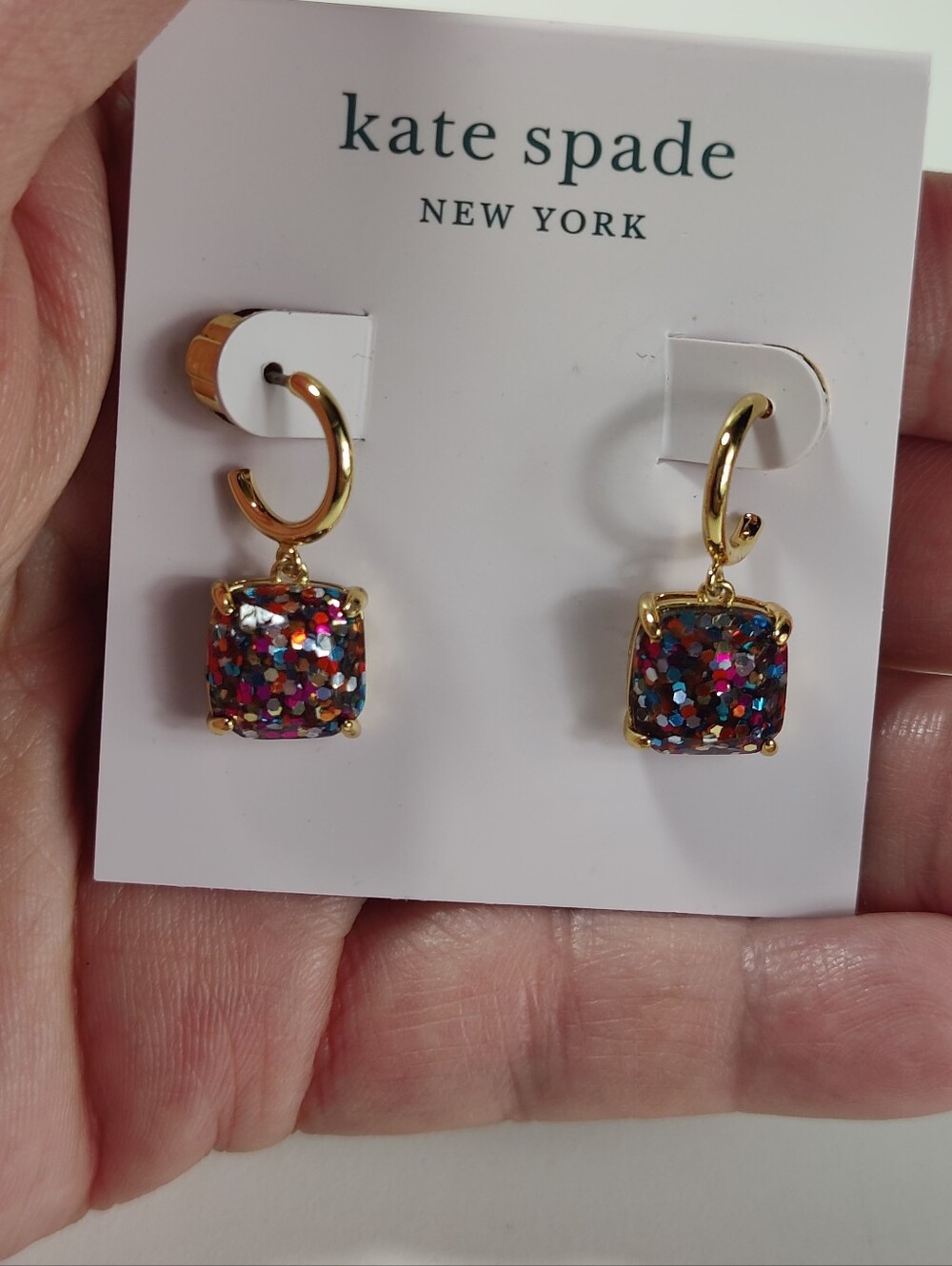 Kate Spade New York Multi Glitter Mini Square Huggie Earrings NWT Gold Tone - Picture 8 of 8